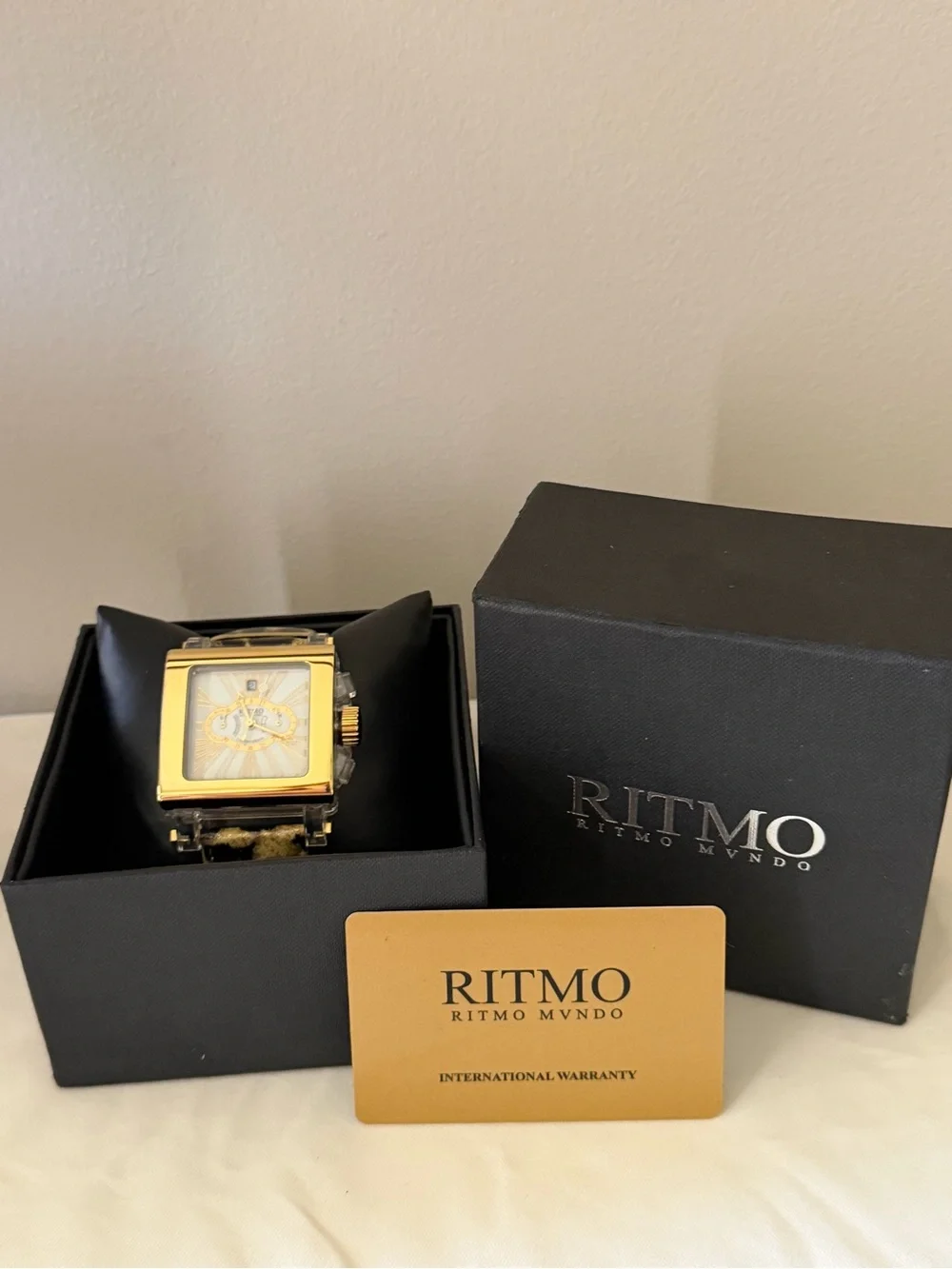 Ritmo Mundo Palazxo Men’s Gold Square Dress Watch with Black and gold  Strap